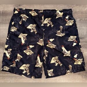 Trader Bay, Black Tropical Swim Shorts\Trunks with Martini, Hibiscus Mesh Liner